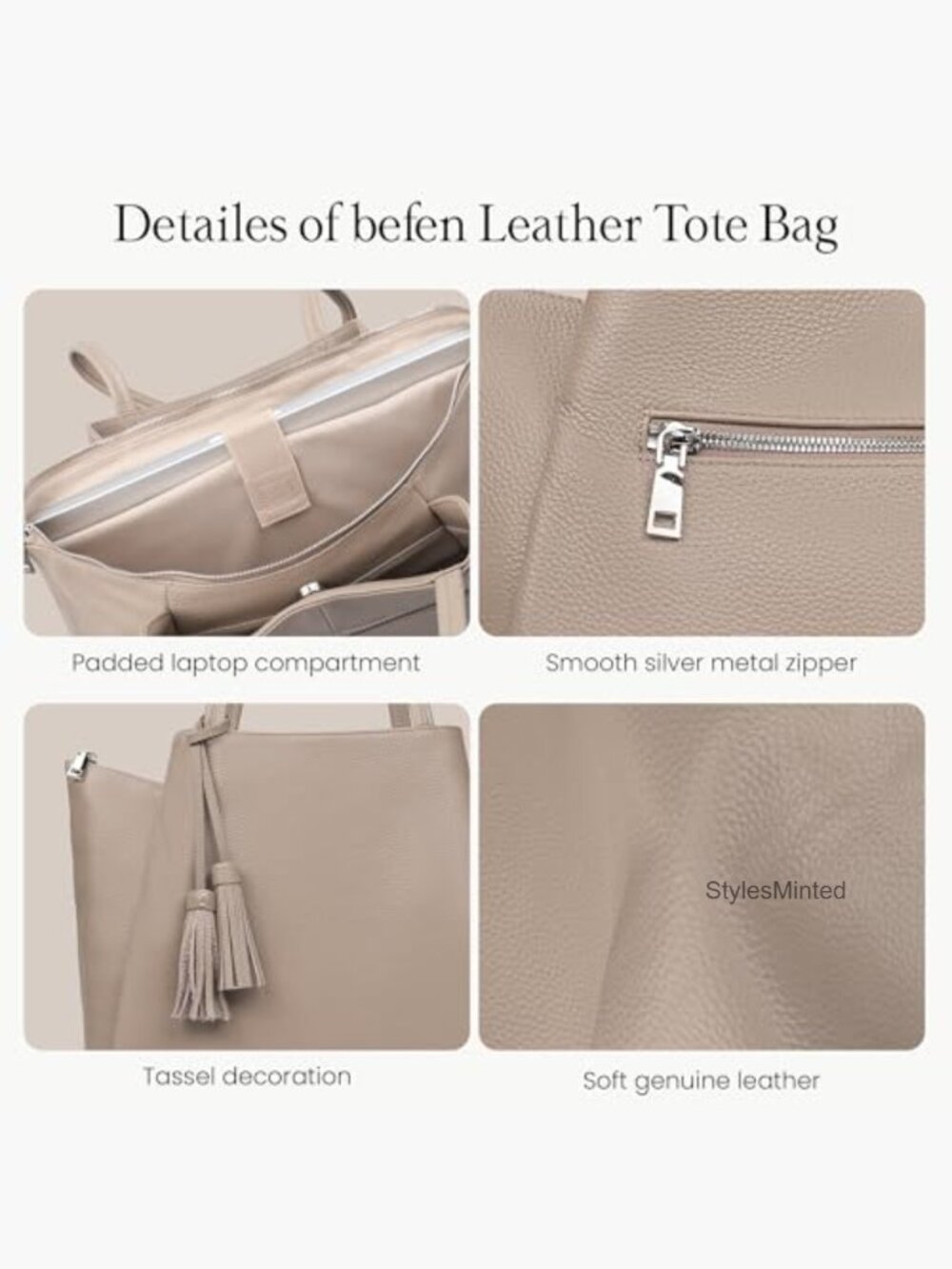 Genuine Leather Tote Bag for Work, Laptop Tote Shoulder Purse with Compartments - Picture 4 of 7
